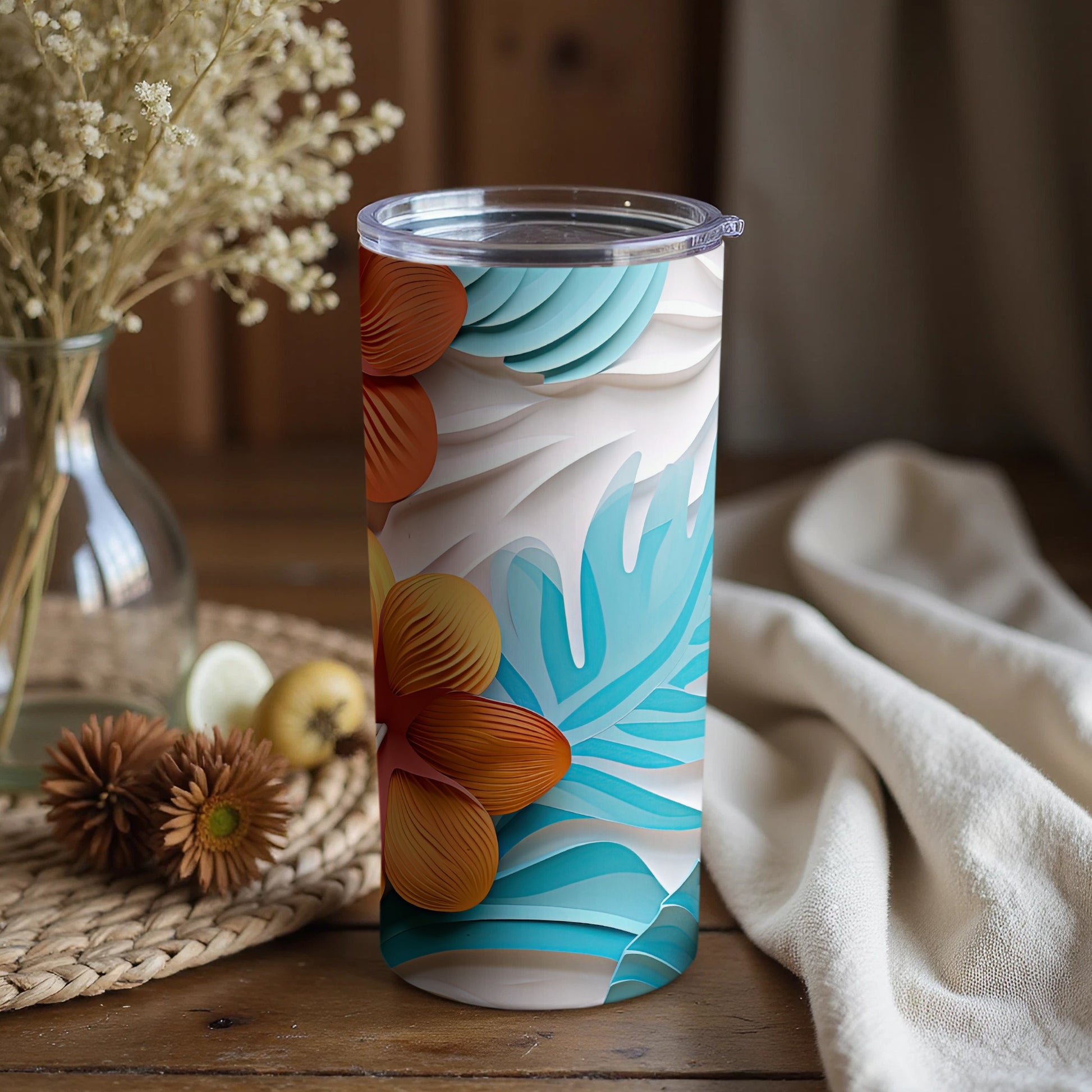 Colorful Tropical Floral Design Tumbler with Lid