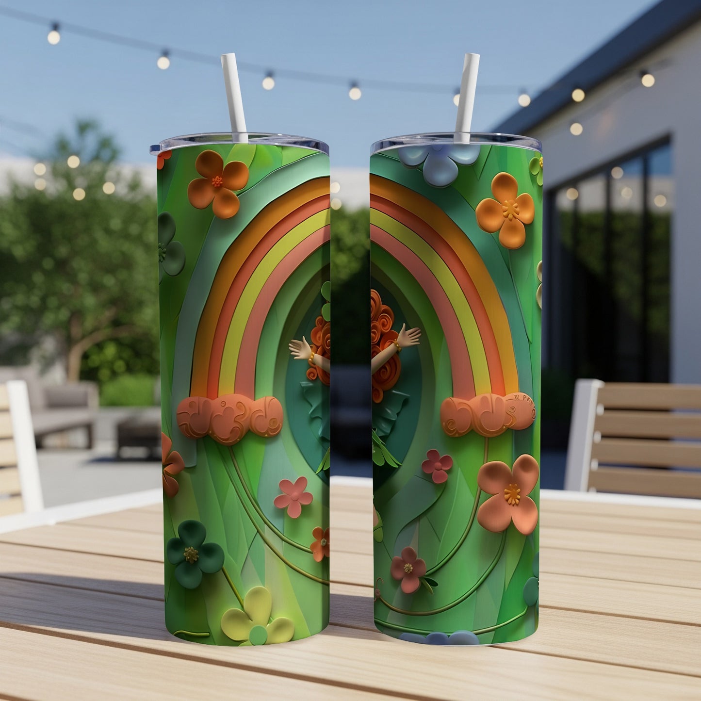 Two tumblers with a rainbow, flowers, and a woman in a green garden design.