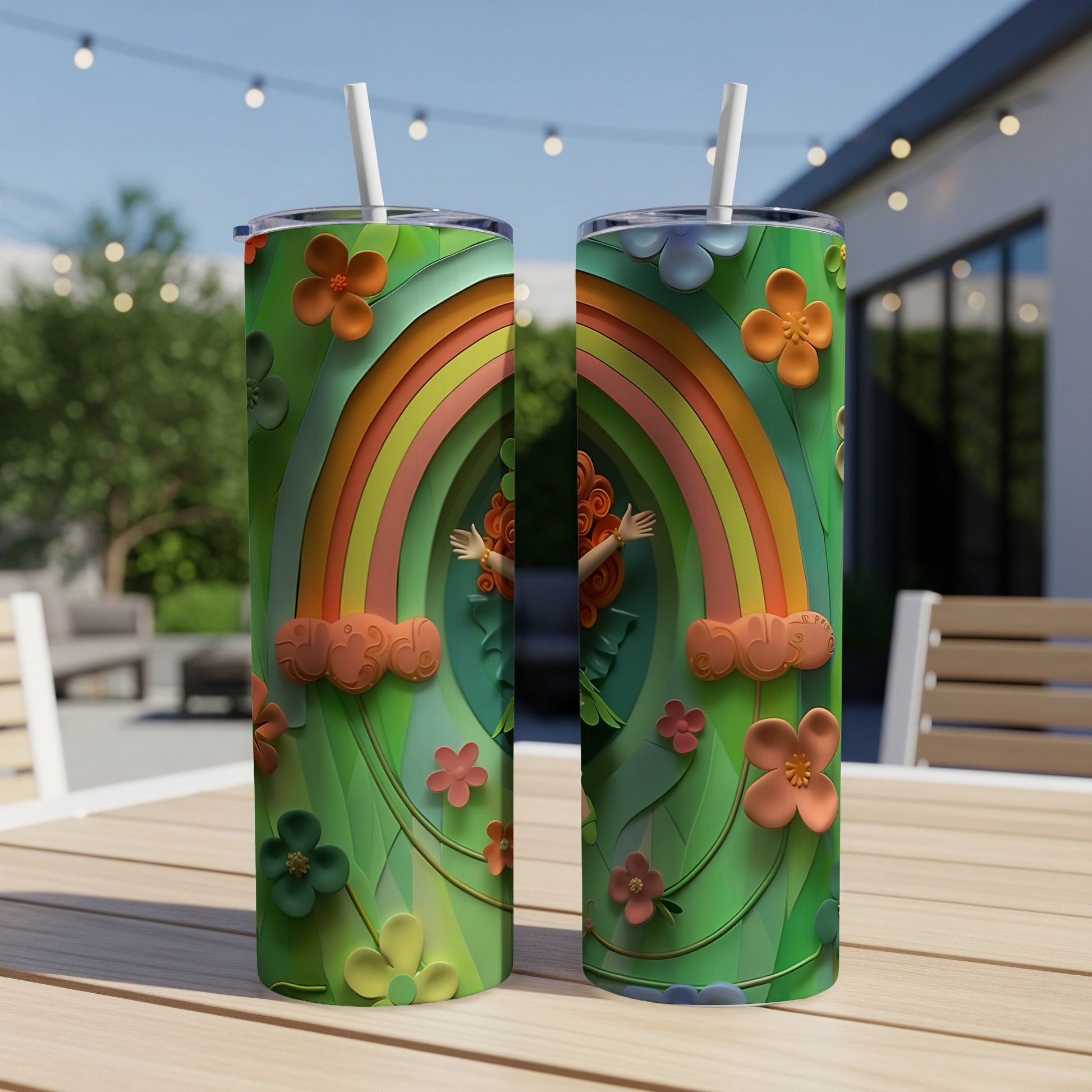 Two tumblers with a rainbow, flowers, and a woman in a green garden design.