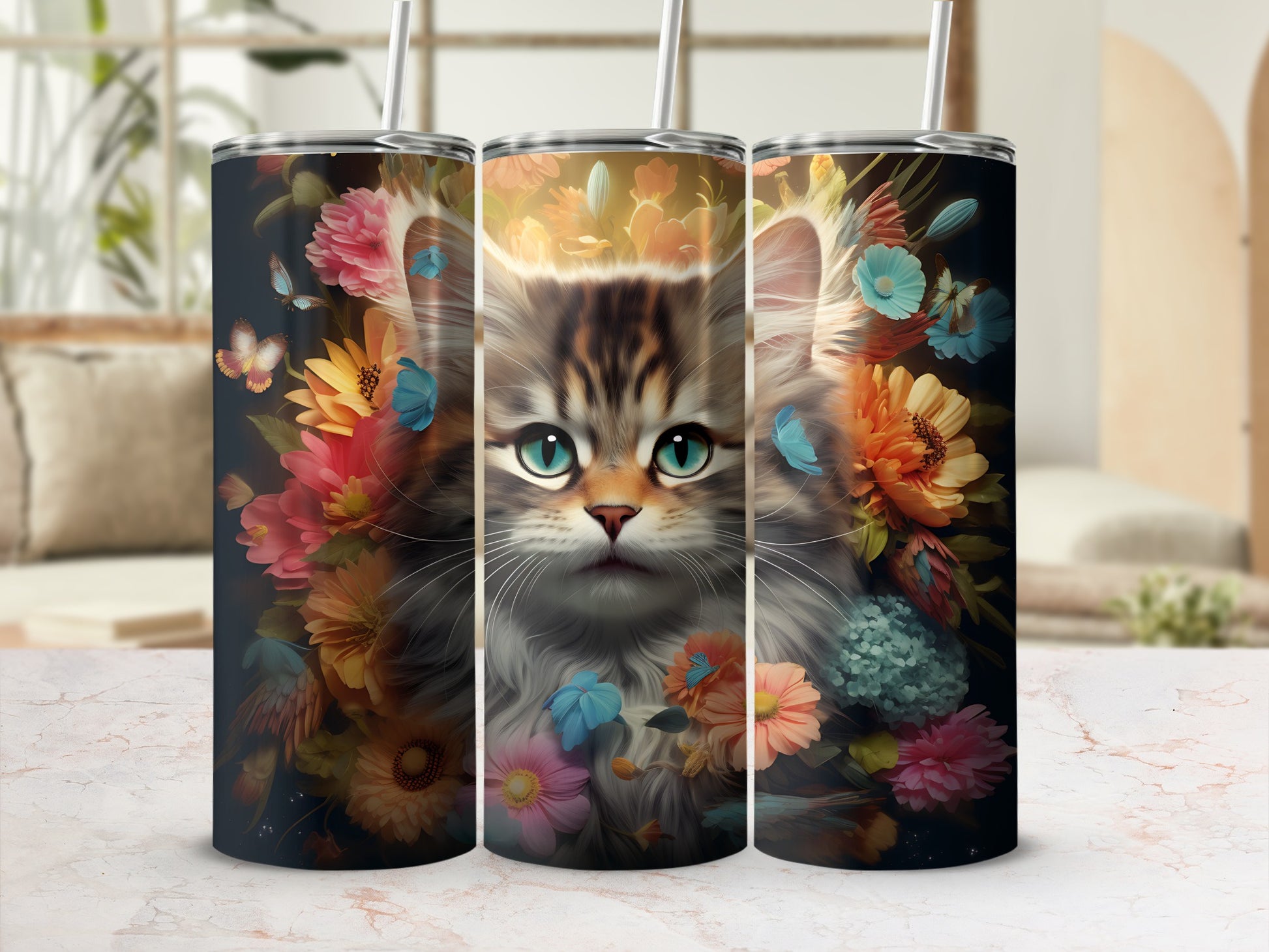 Trio of tumblers featuring a close-up portrait of a fluffy cat with blue eyes amidst colorful flowers and butterflies.