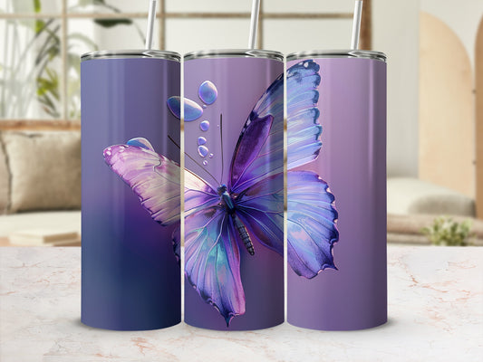 Purple tumbler with a shimmering blue butterfly and water droplets.