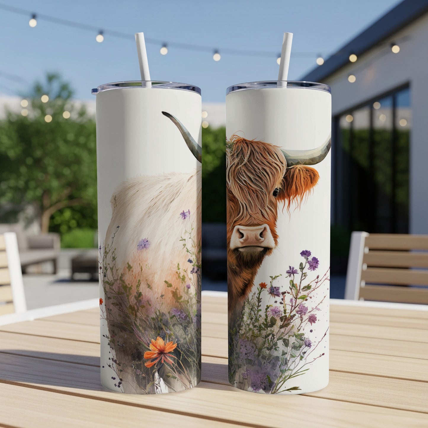 Two tumblers with Highland cow portraits and floral accents on a wooden table.
