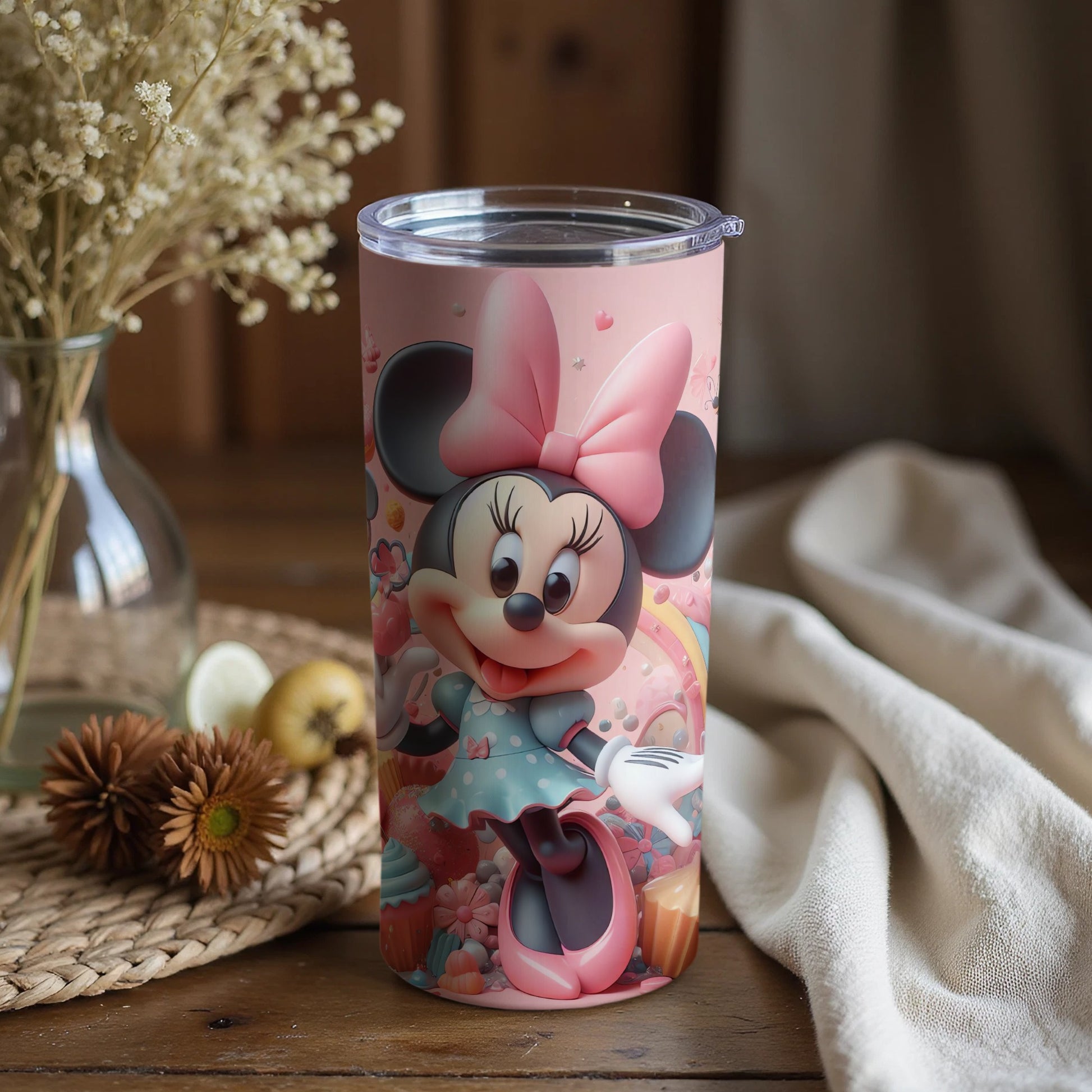 Minnie Mouse themed tumbler with pink bow and dress