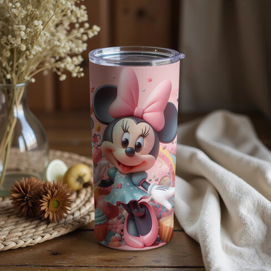 Minnie Mouse themed tumbler with pink bow and dress