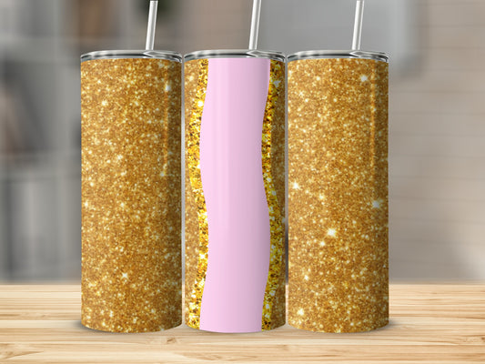 Three glitter tumblers with pink wavy band on a wooden surface.