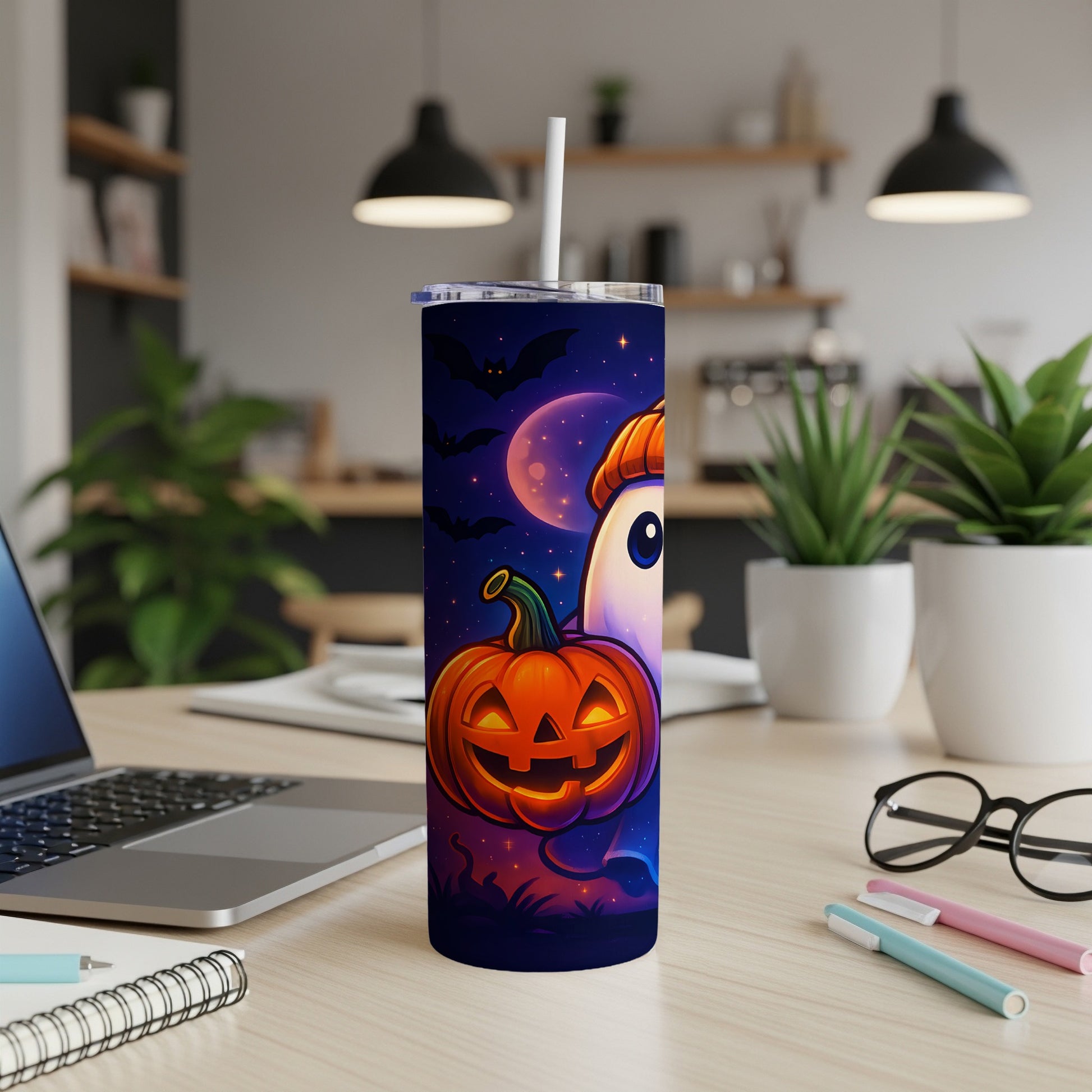 Halloween tumbler with jack-o-lantern, ghost, and bats under a full moon.