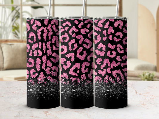 Three tumblers with a black and pink leopard print and glitter base.