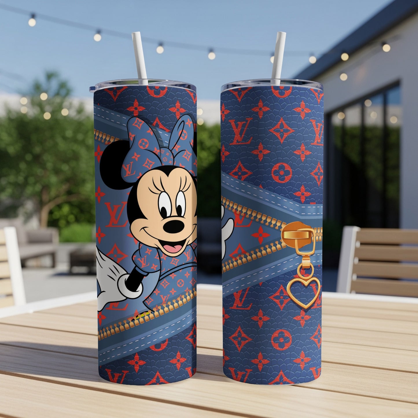 Minnie Mouse in denim Louis Vuitton pattern on a blue tumbler with a gold zipper.