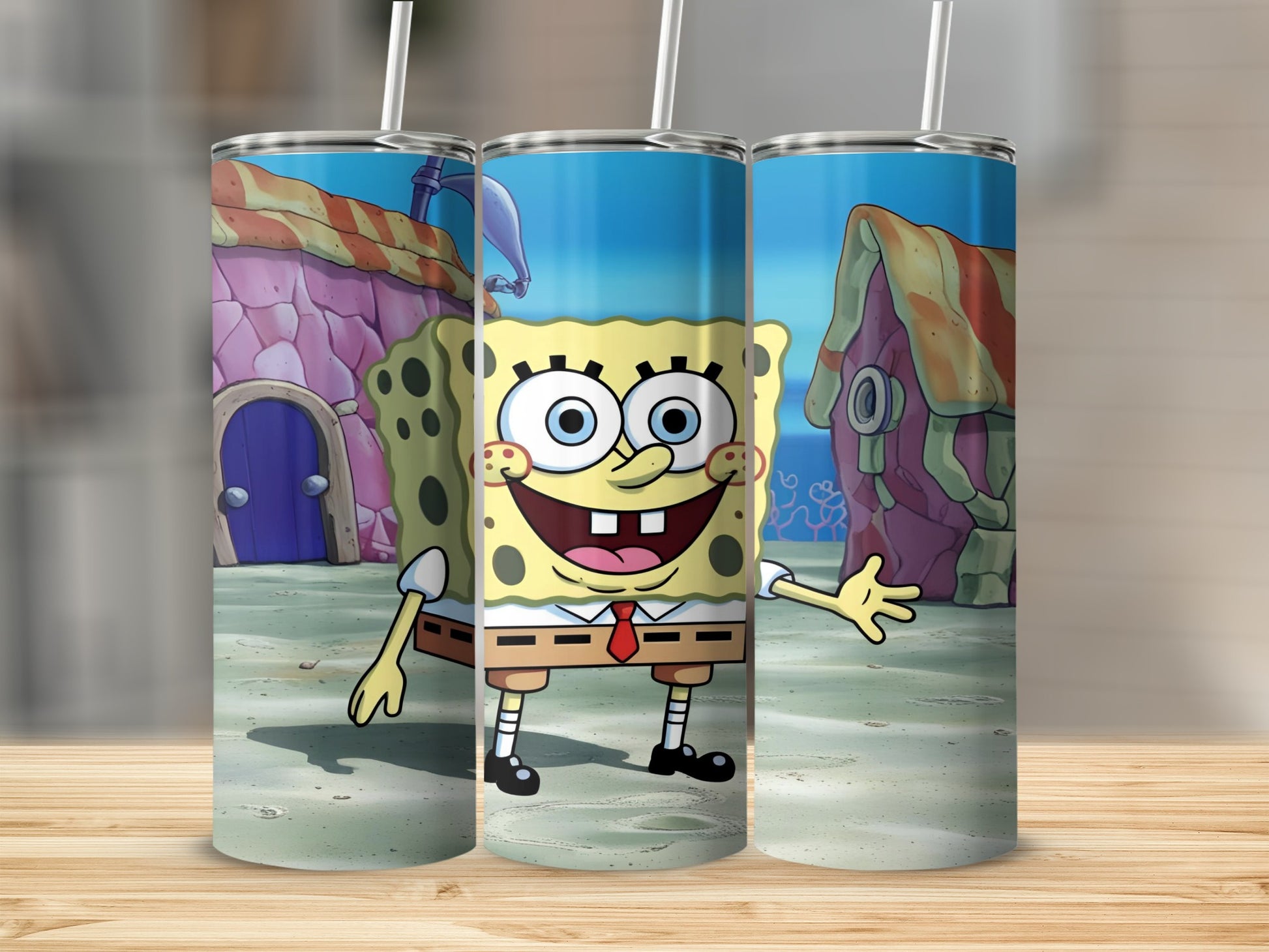 SpongeBob SquarePants character on a tumbler with pineapple and house background.