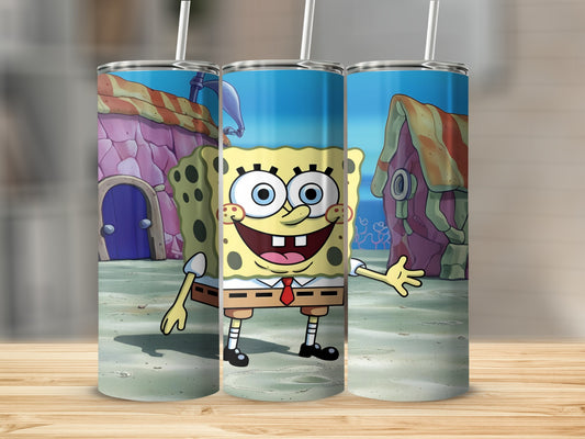 SpongeBob SquarePants character on a tumbler with pineapple and house background.