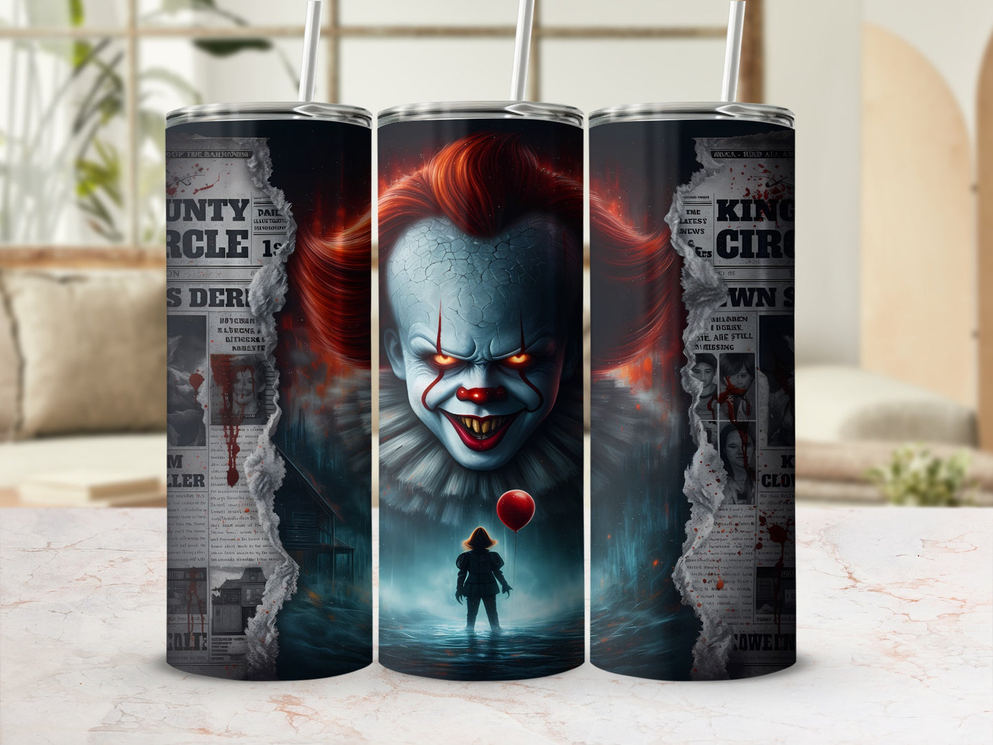 Tumbler with Pennywise the Clown and a torn newspaper design.