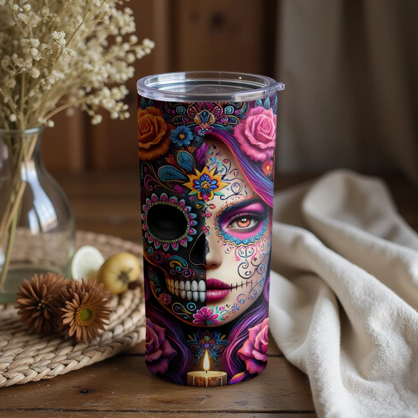Day of the Dead Themed Vibrant Skull Face Tumbler