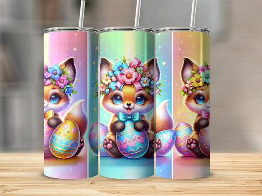 Cute fox holding an Easter egg, wearing a floral crown.