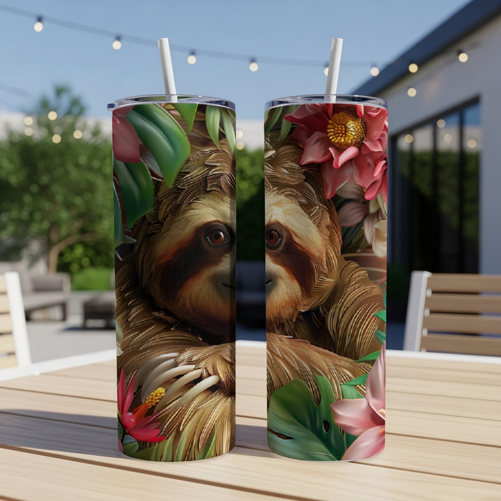 Two identical tumblers featuring a close-up of a sloth's face with tropical foliage.