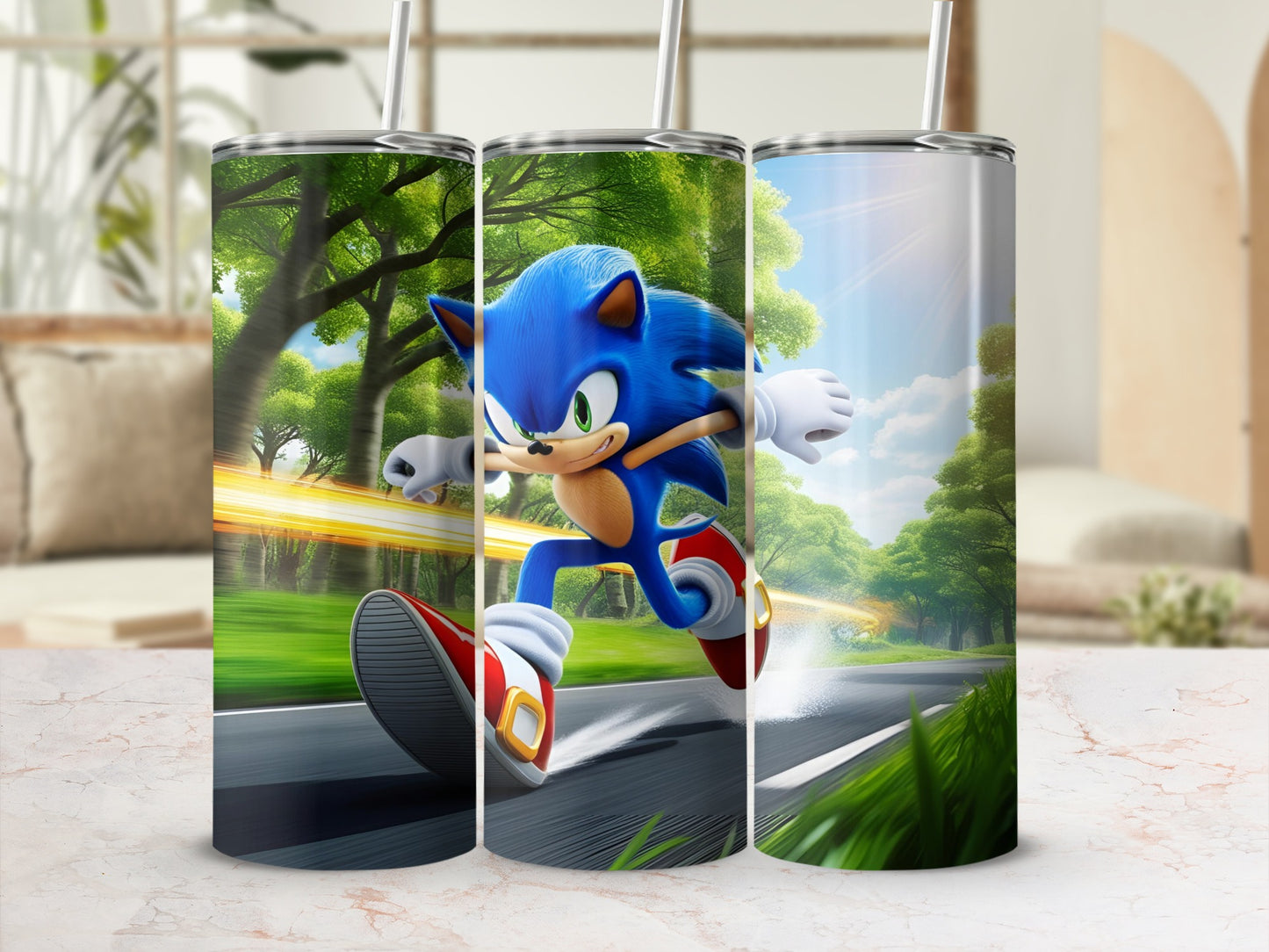 Sonic the Hedgehog running fast on a road through a green forest.