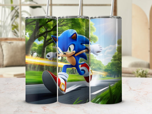 Sonic the Hedgehog running fast on a road through a green forest.