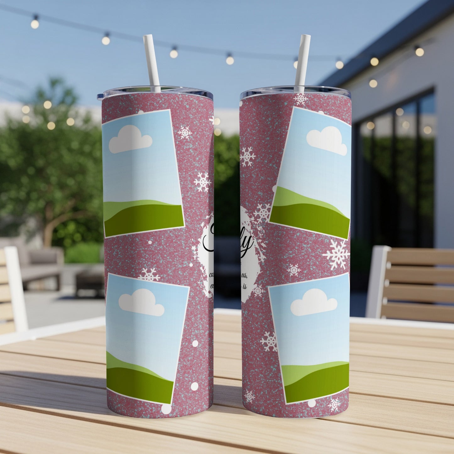Two pink glitter tumblers with photo frames and snowflakes, one says "Family".