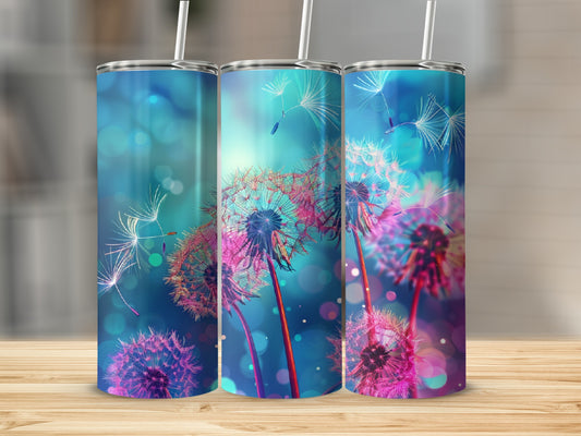 Three tumblers with dandelions and bokeh lights against a blue background.