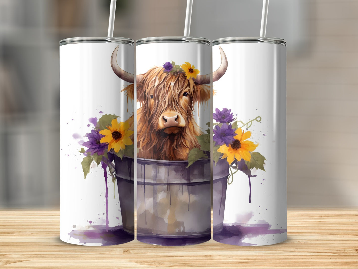 Highland Cow Floral Print Tumbler 20oz Travel Mug