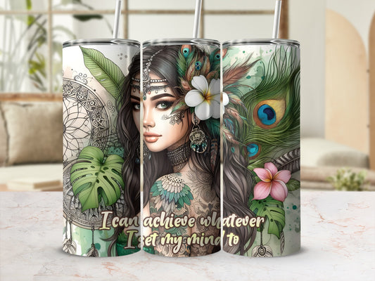 Woman with tattoos, feathers, and flowers, with inspirational text.