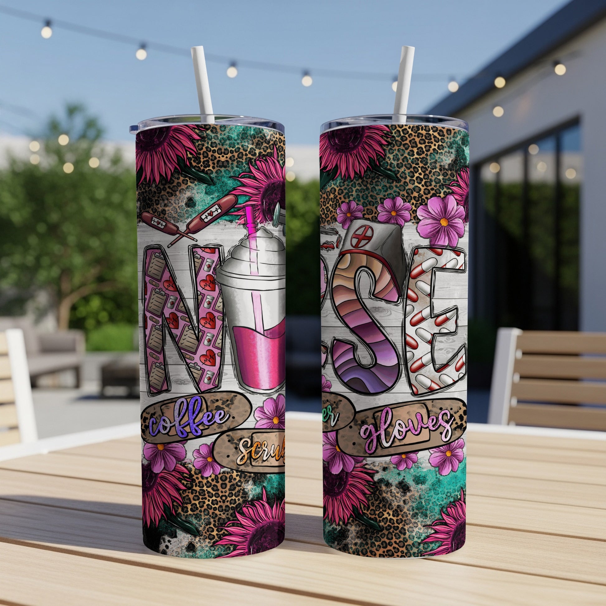 Nurse tumbler with coffee, stethoscope, and floral leopard print designs.