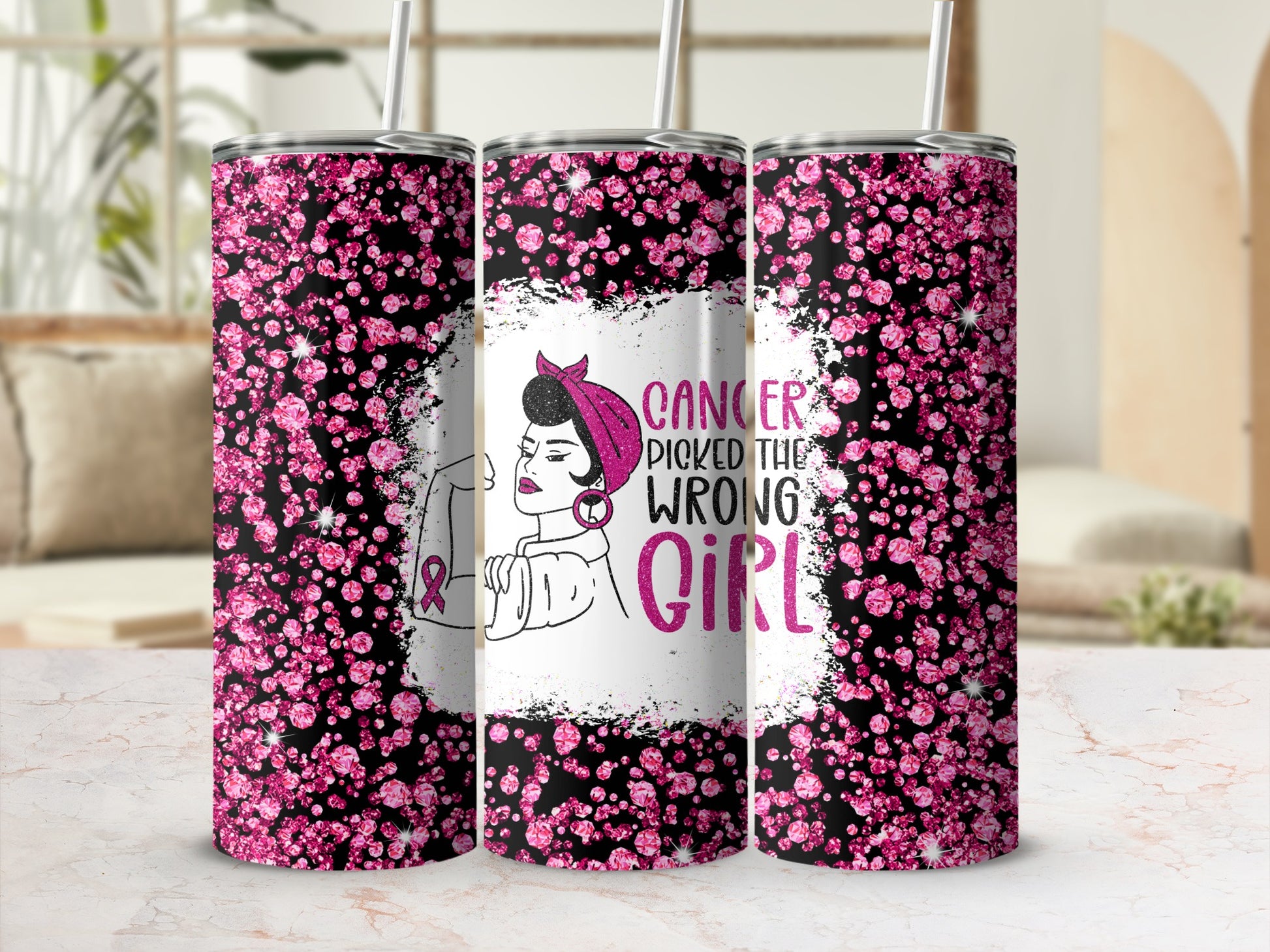 Pink glitter tumbler with "Cancer Picked The Wrong Girl" text and woman silhouette.