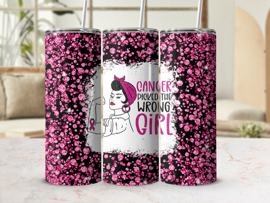 Pink glitter tumbler with "Cancer Picked The Wrong Girl" text and woman silhouette.