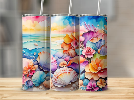Three tall tumblers with a colorful beach and seashell design.