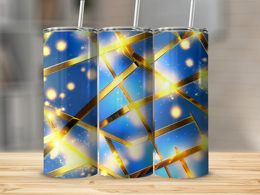 Blue and gold abstract geometric pattern on three tumblers.