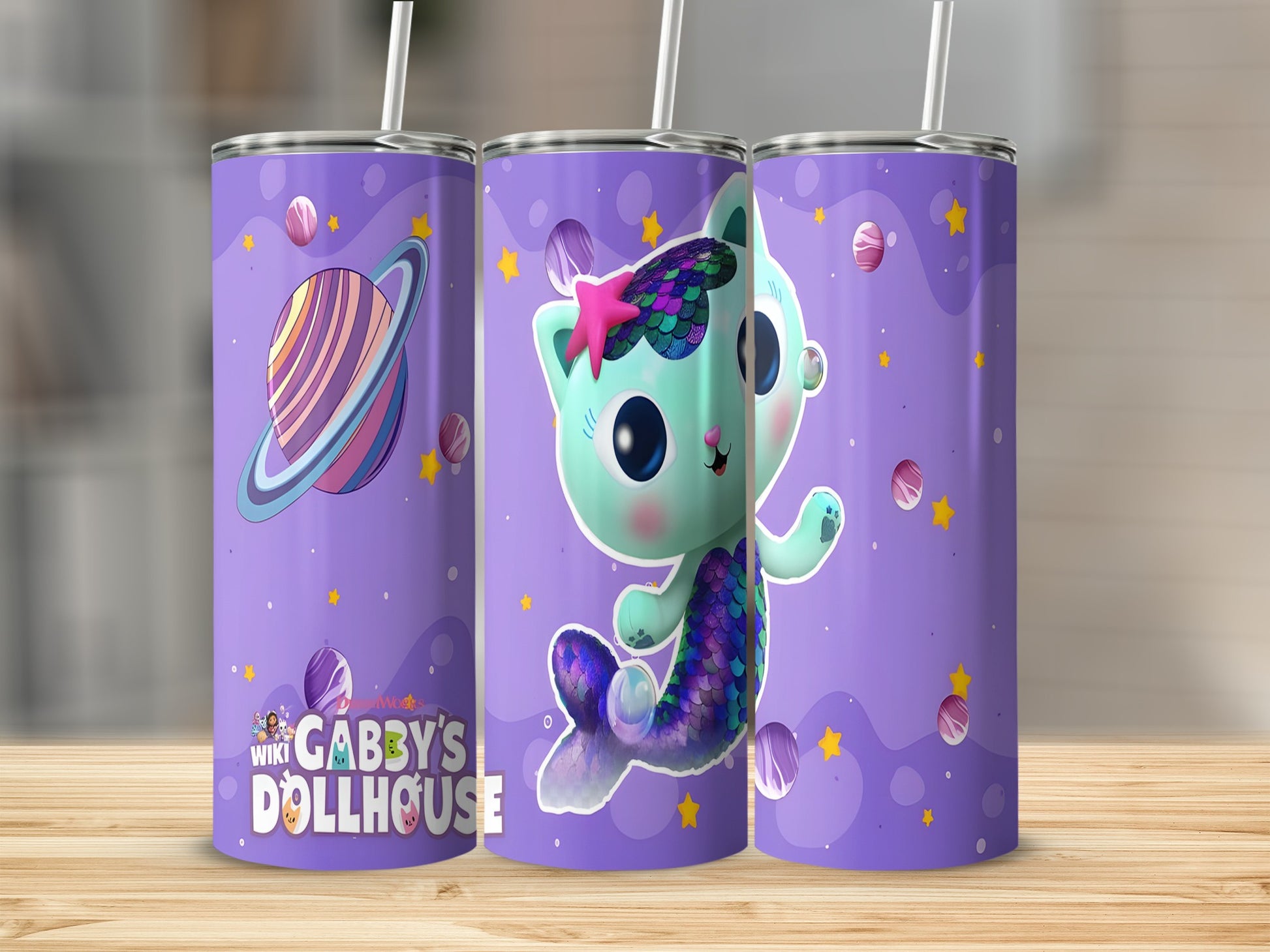 Gabby's Dollhouse tumbler with a mermaid cat character and planet design.