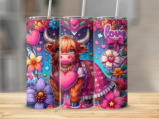 Love and Flowers Highland Cow Tumbler Product
