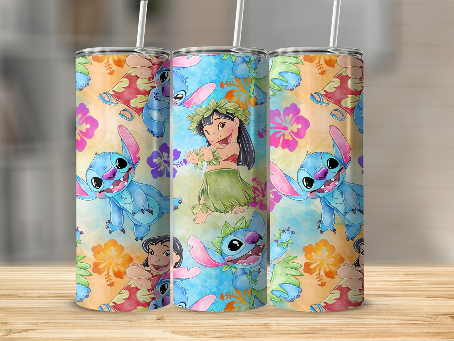 Colorful Floral Themed Tumblers with Character Designs