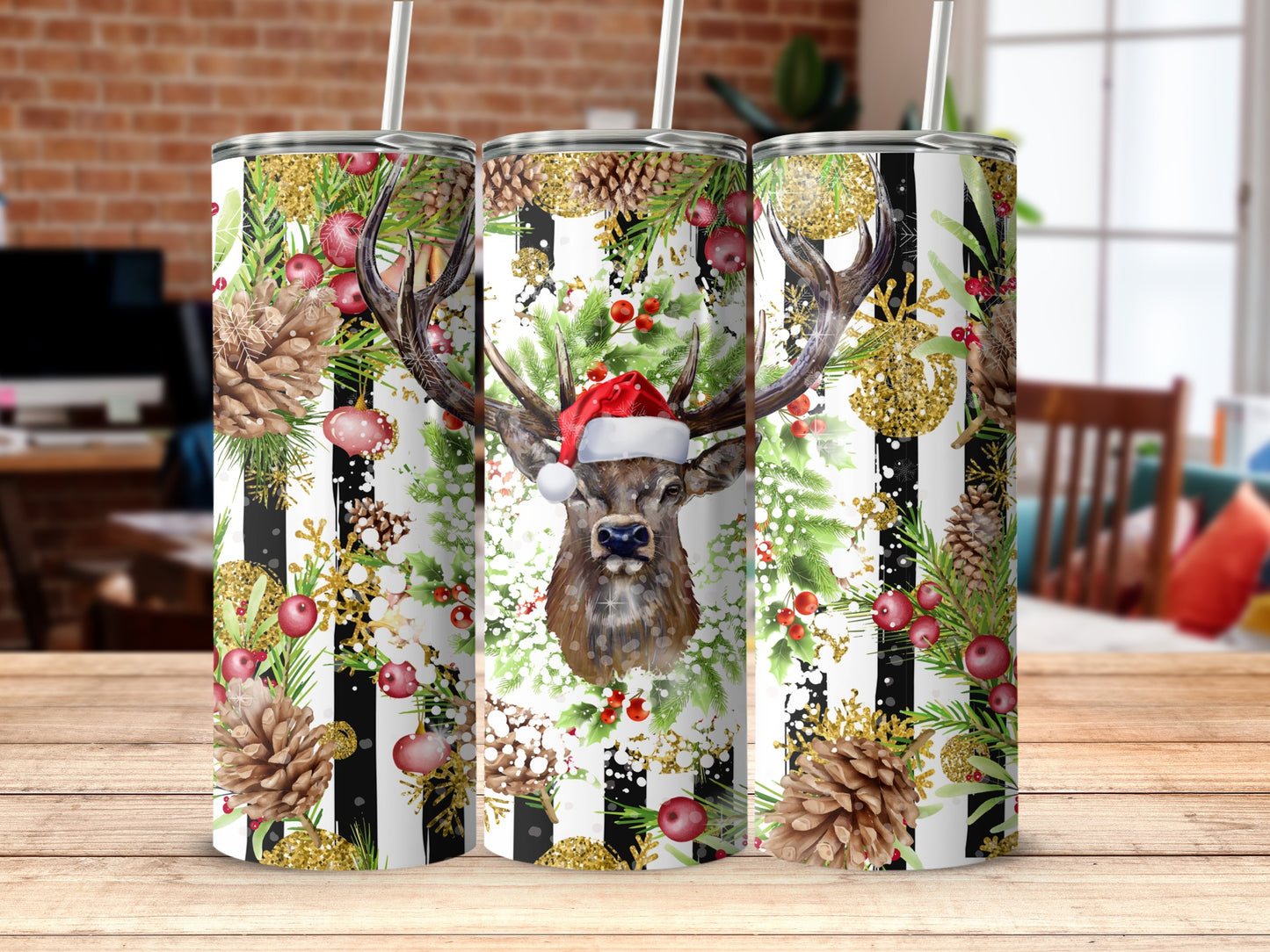 Deer wearing Santa hat with pinecones and glitter on striped background.