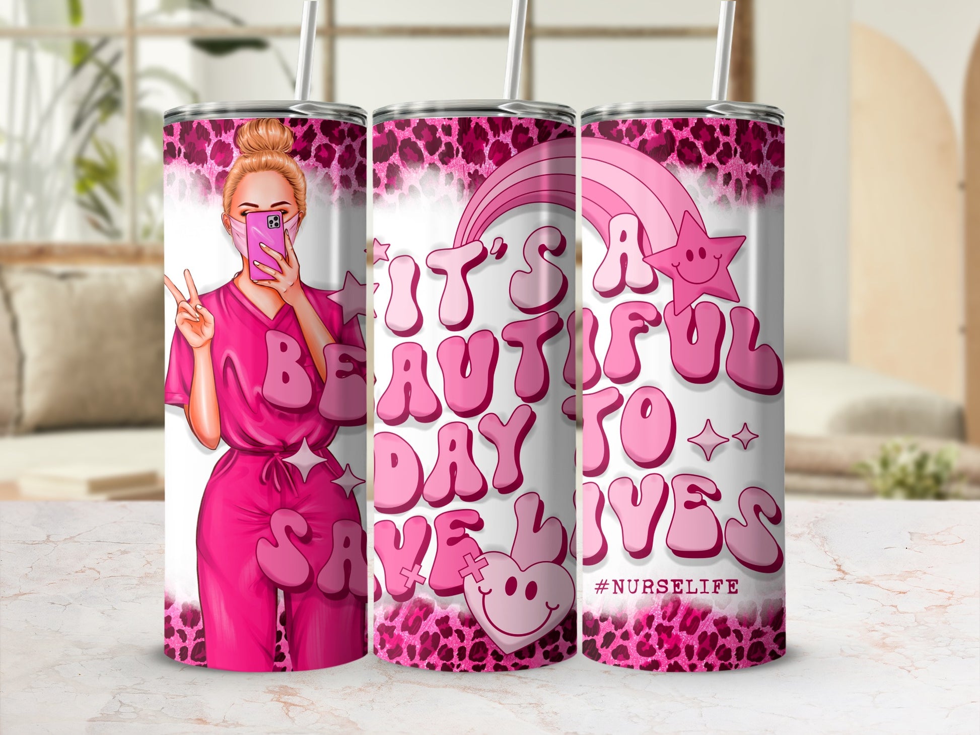 Pink leopard print tumbler with nurse illustration and text "It's a beautiful day to save lives #nurselife".