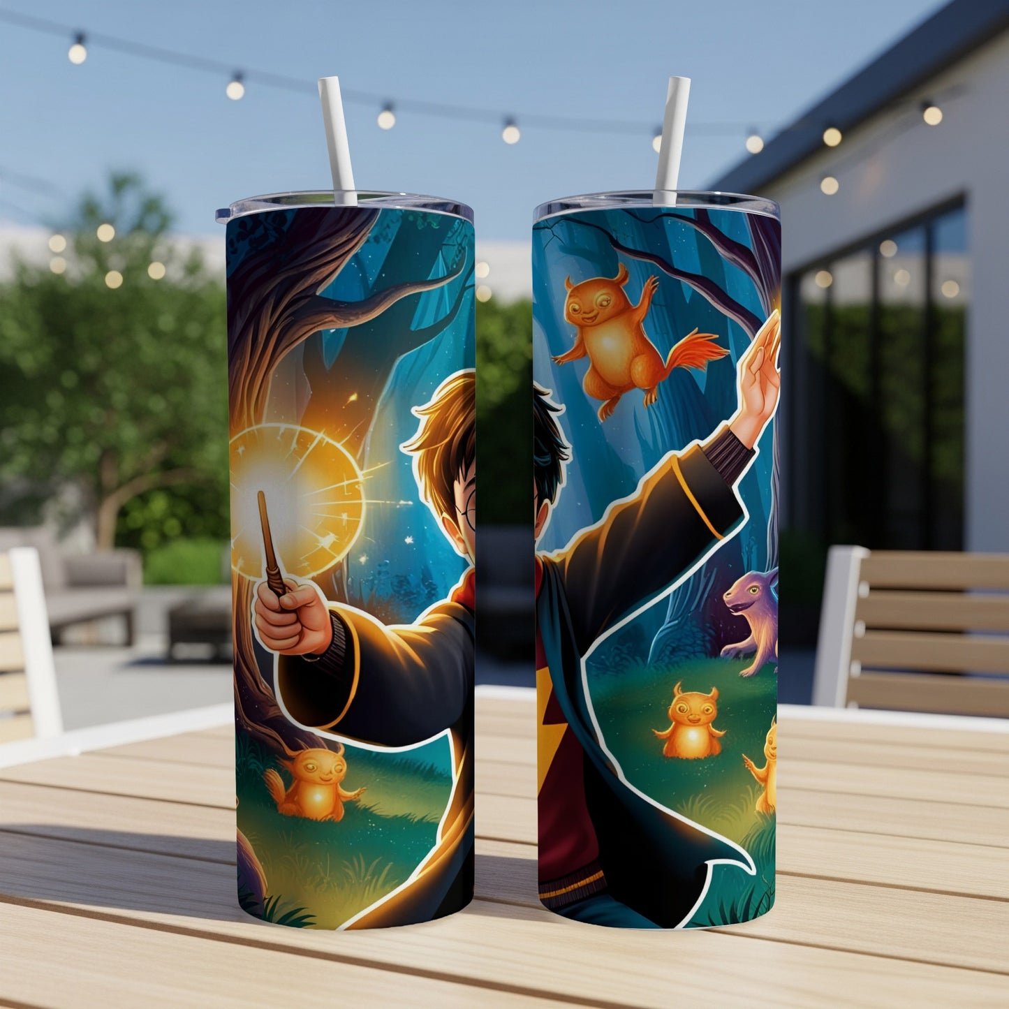 Harry Potter with wand, magical creatures, and stars on a blue tumbler.