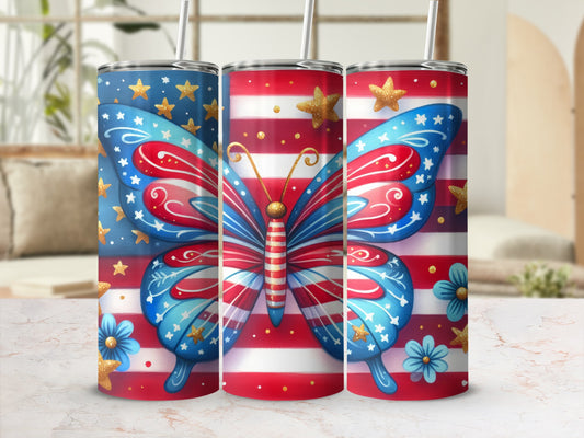 Tumbler with red, white, blue stripes and a patriotic butterfly design.