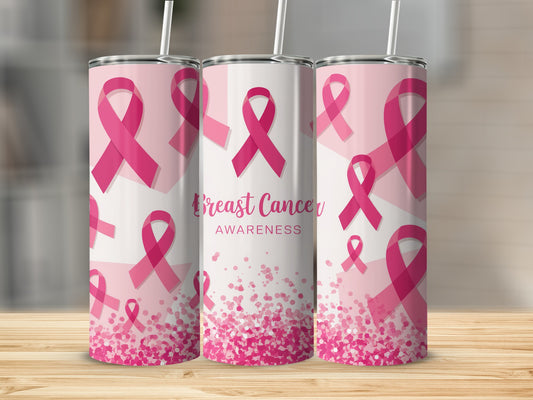 Pink breast cancer awareness ribbons and confetti pattern on tumblers.
