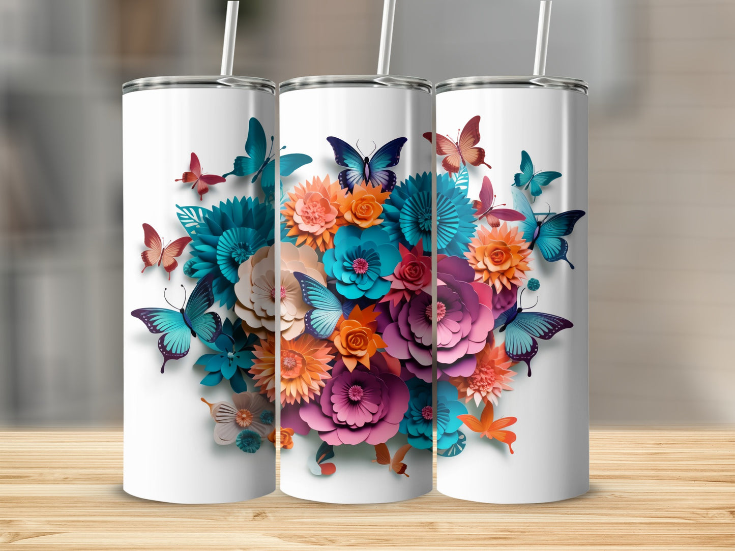 Colorful Floral Butterflies Insulated Tumbler Cup