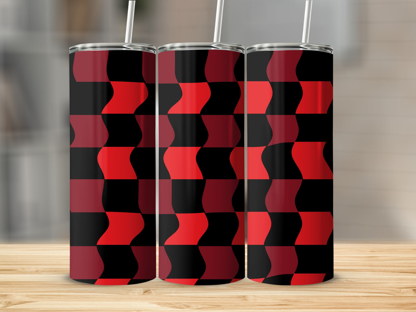 Three tall tumblers with a red and black checkered wavy pattern.