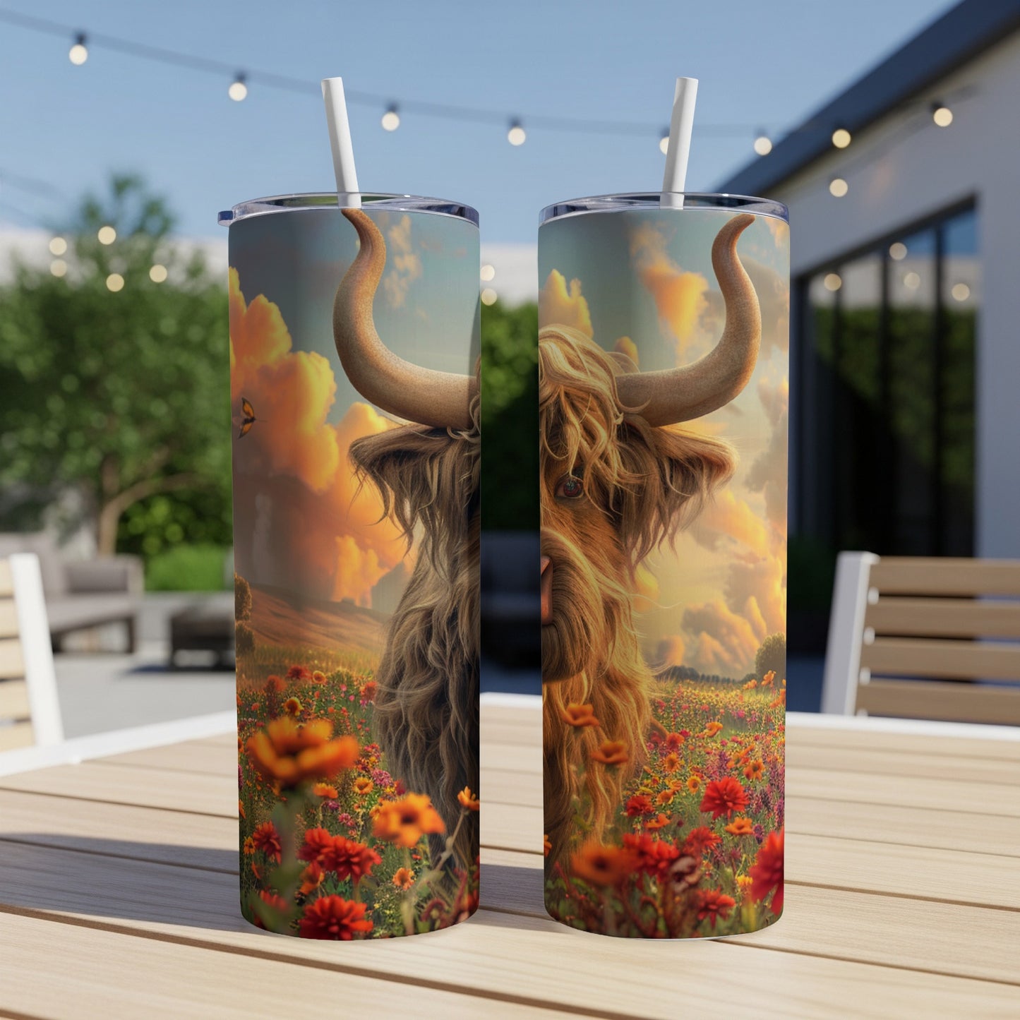 Highland cow in a field of wildflowers, two tumblers on a table.