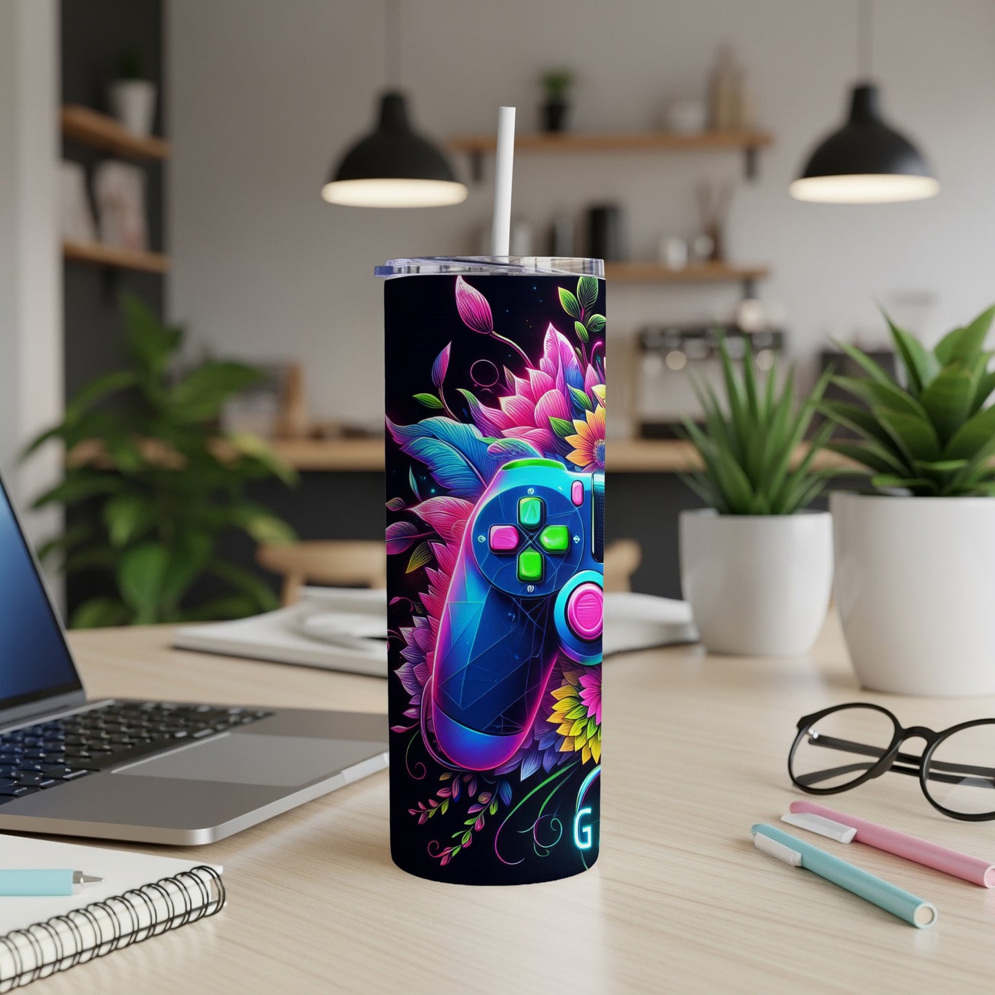 Neon controller with floral accents on a dark background.