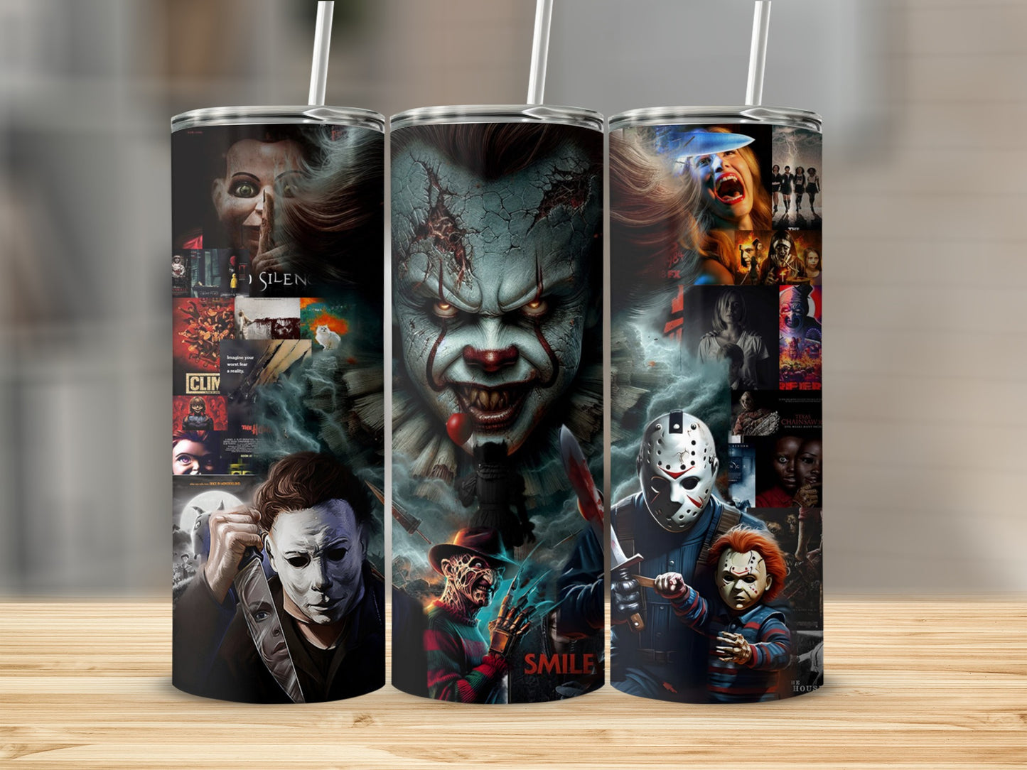 Horror movie characters and collage on a tumbler with "Smile" and "Silence" text.