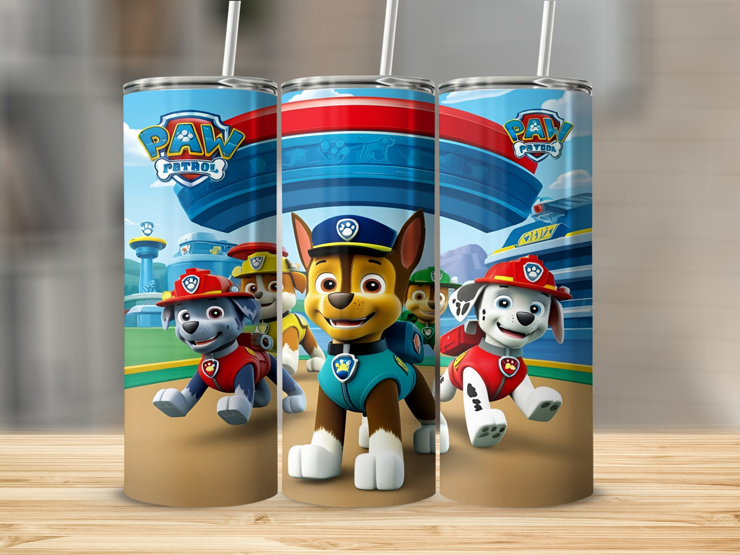 Paw Patrol puppies Chase, Marshall, and Rubble run forward on a blue background.