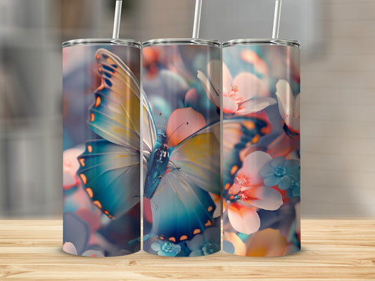 Three tumblers with a butterfly and floral pattern.