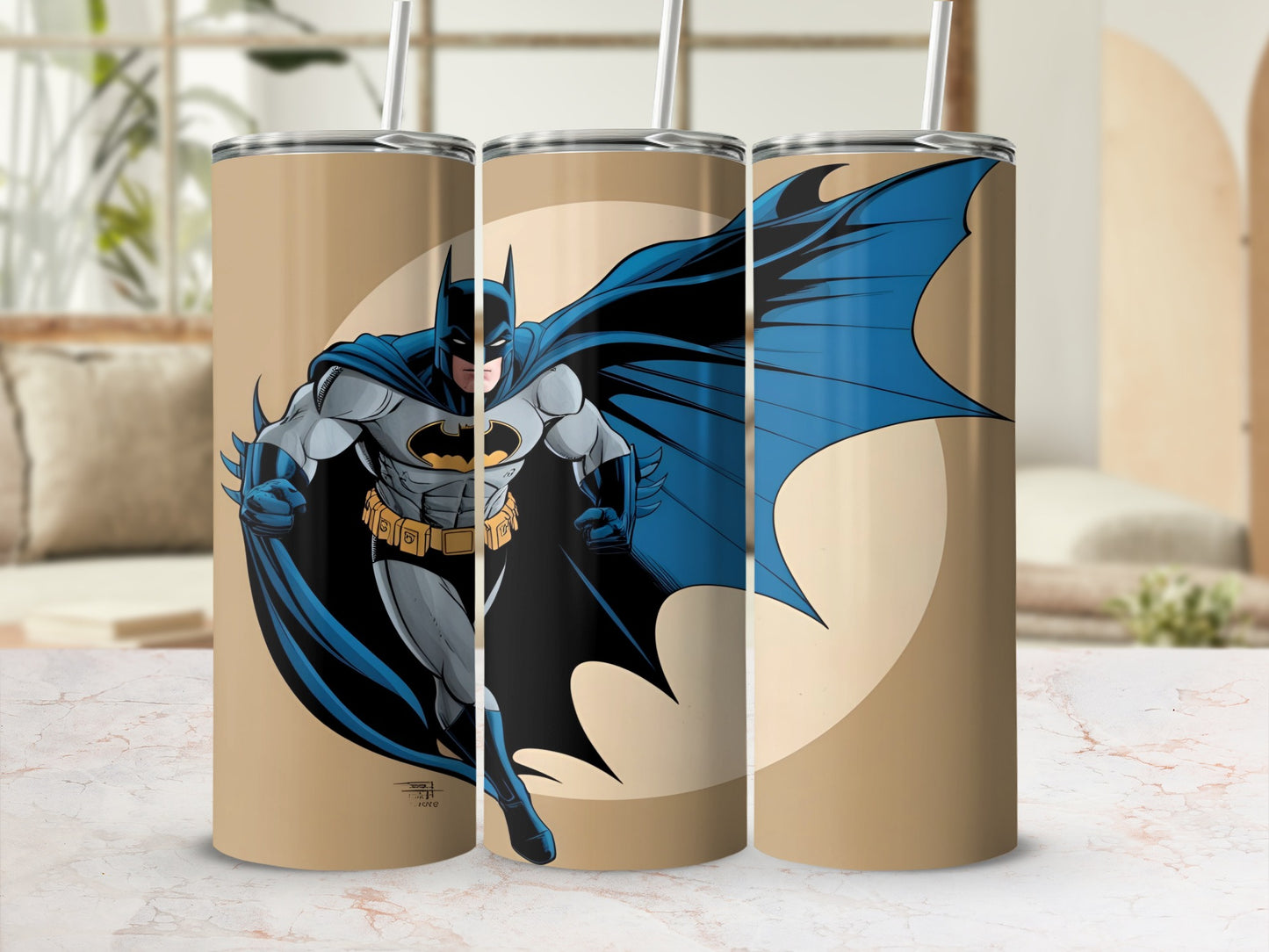 Batman in dynamic pose on three-panel tumbler, beige background, comic art style.