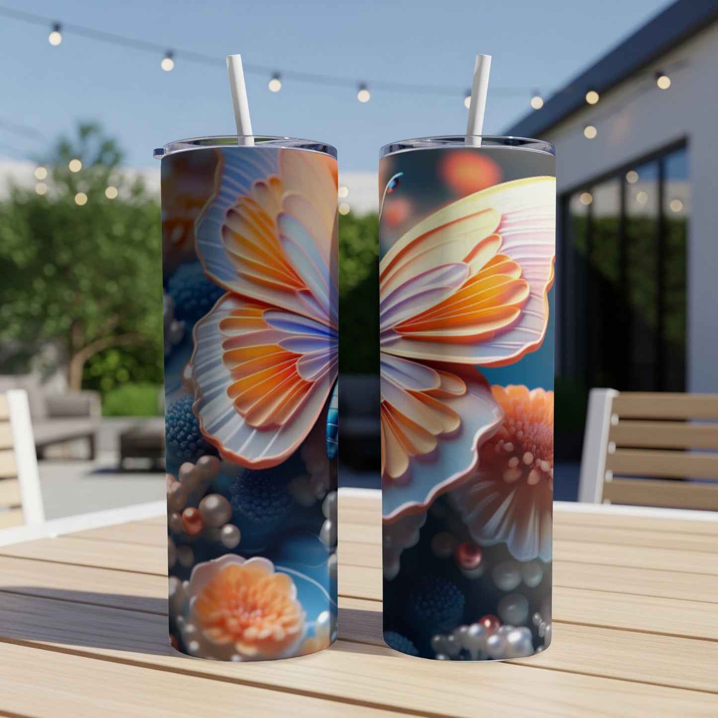 Two tumblers with a butterfly and floral design on a wooden table.