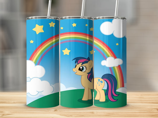 Three tumblers featuring a cartoon unicorn, rainbow, and clouds.