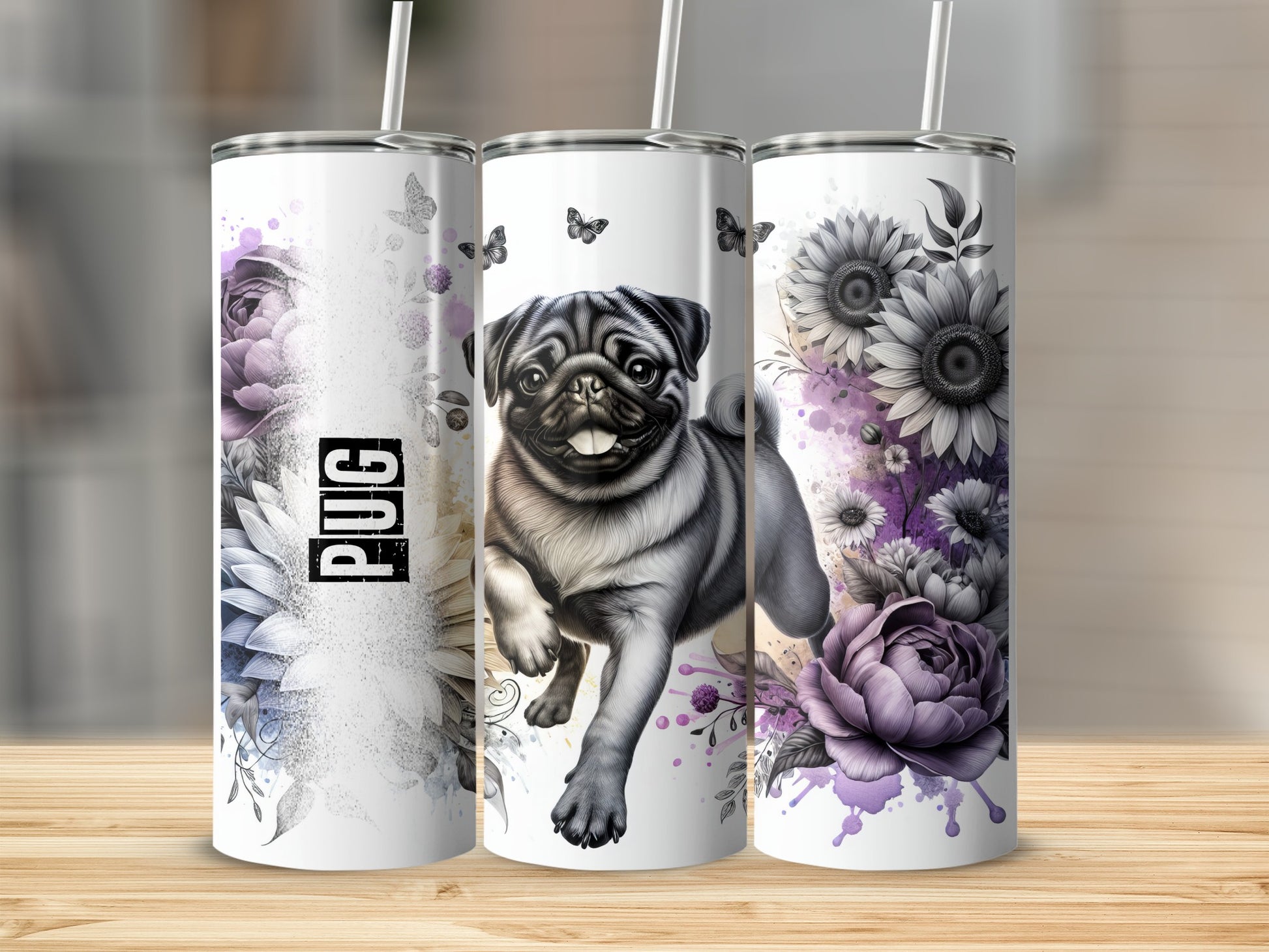 Three tumblers featuring a pug, flowers, and butterflies.