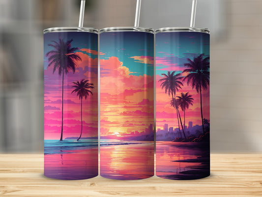 Three tumblers show a vibrant sunset over a tropical beach with palm trees.