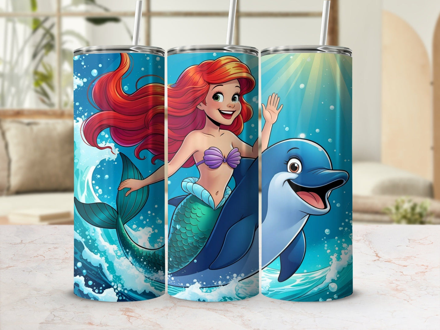 Mermaid waving with dolphin and ocean waves on a tumbler.